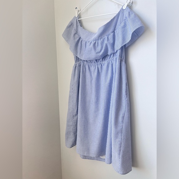 Eloquii Off the Shoulder Seersucker Dress Women's 18 Ruffle Overlay Blue White - Picture 11 of 12